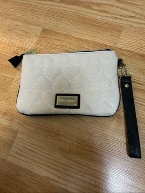 Betsey Johnson Cream Quilted Heart Wristlet with Black Strap